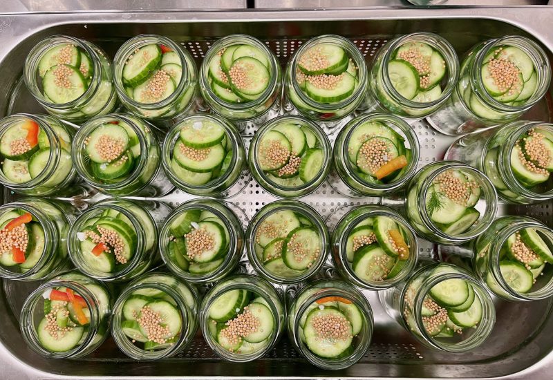 Bocaux en verre remplis de rondelles de concombre avec graines de moutarde